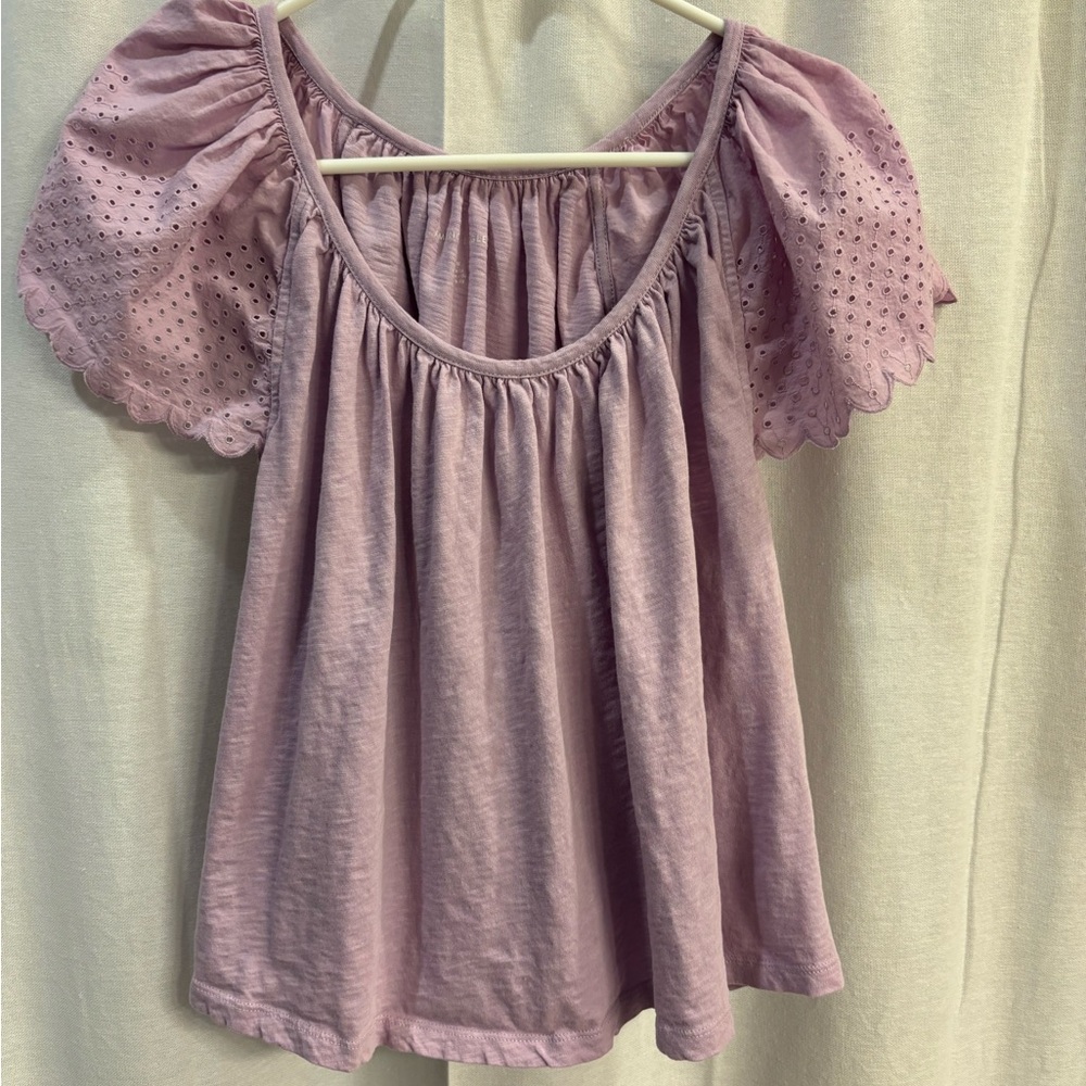 American Eagle Outfitters Purple Eyelet Puff Sleeve Blouse